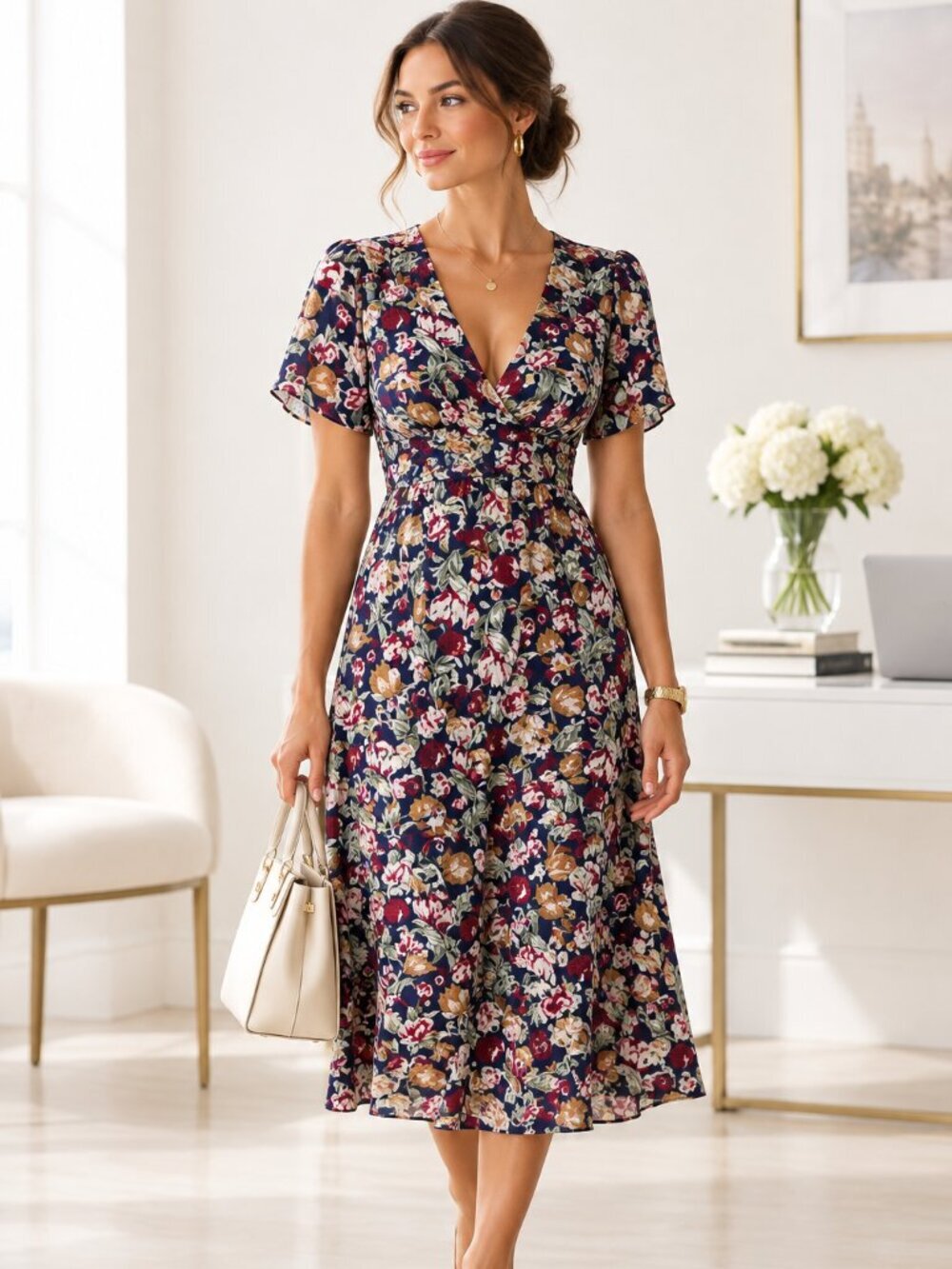 Vintage Y2K Ann Taylor Empire Waist Blue Green Tulip Floral Midi Dress size 2